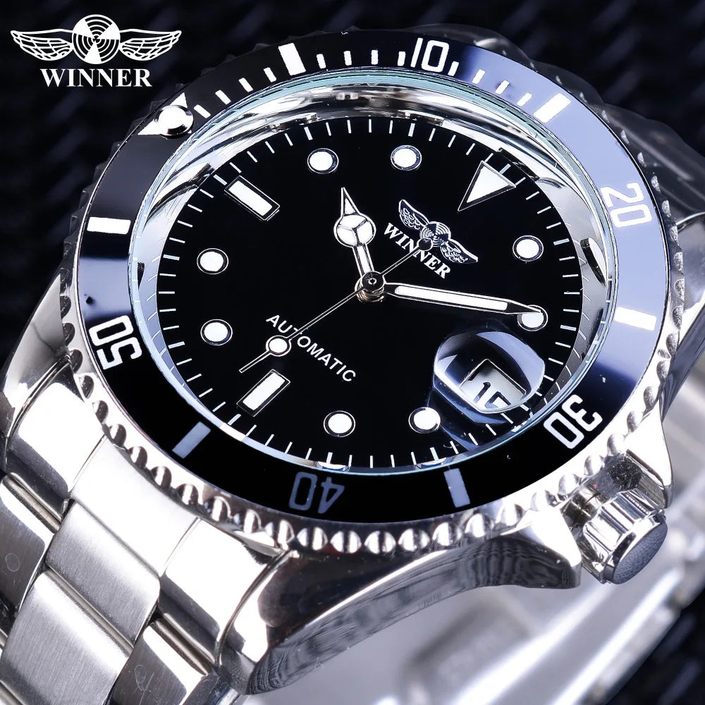 Winner New Top Brand Luxury Automatic Man Wristwatches Fashion Sport Mechanical Watch Black Dial Luminous Hands Steel Mens Clock