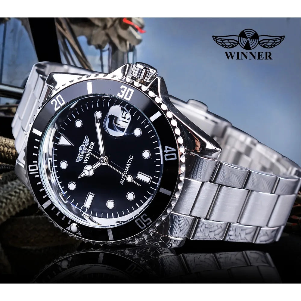 Winner New Top Brand Luxury Automatic Man Wristwatches Fashion Sport Mechanical Watch Black Dial Luminous Hands Steel Mens Clock