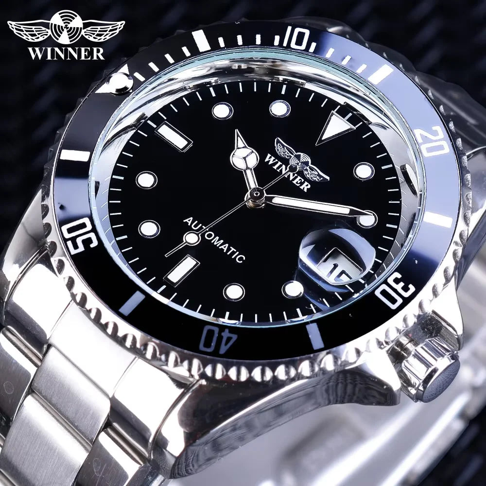 Winner New Top Brand Luxury Automatic Man Wristwatches Fashion Sport Mechanical Watch Black Dial Luminous Hands Steel Mens Clock